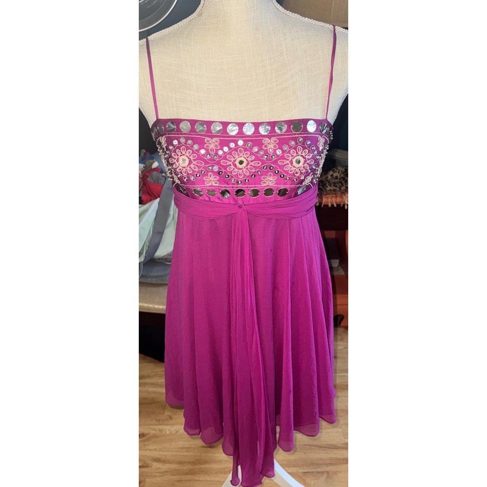 Vtg Y2K BCBGMAXAZRIA Magenta Silk Mirror Embroidered Mini Dress Sz 4/XS FLAW